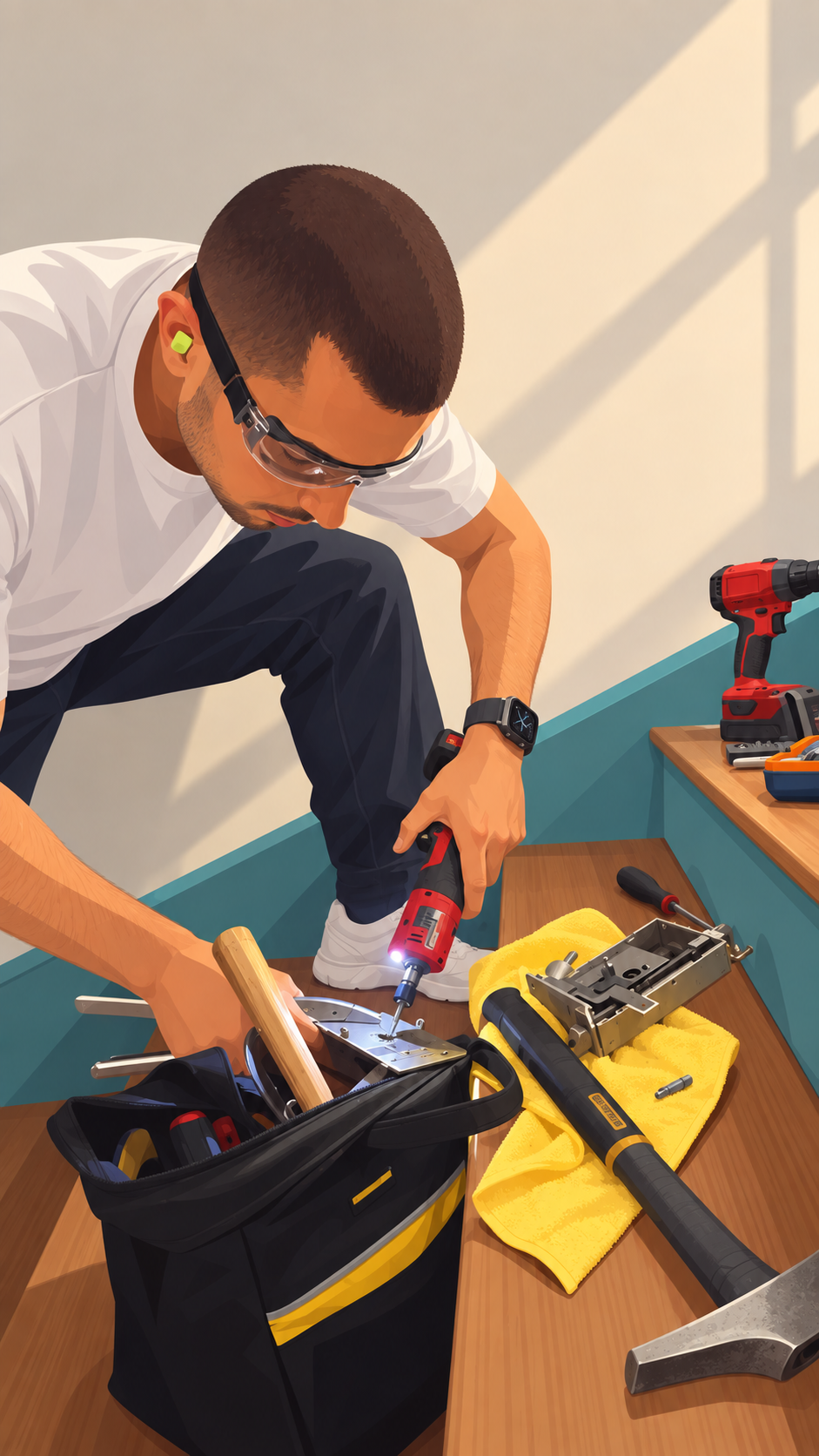 Illustration : un technicien répare une serrure de porte d'escalier, lunettes de protection et outils posés à côté