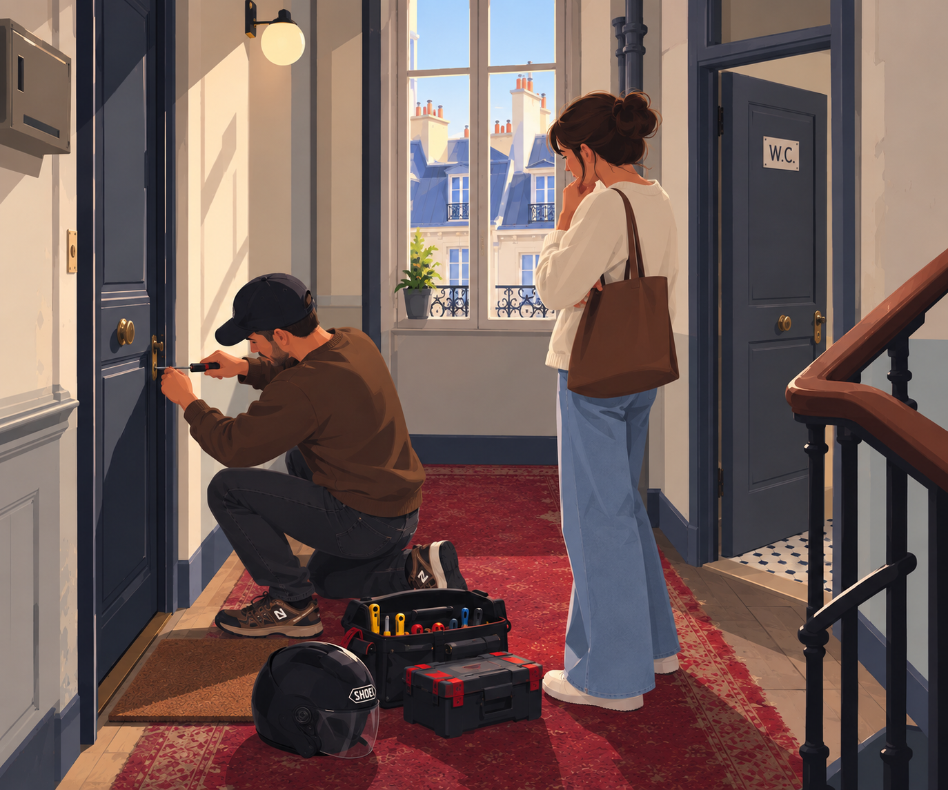 Illustration : une intervention dans le hall d'un immeuble parisien, devant la cliente