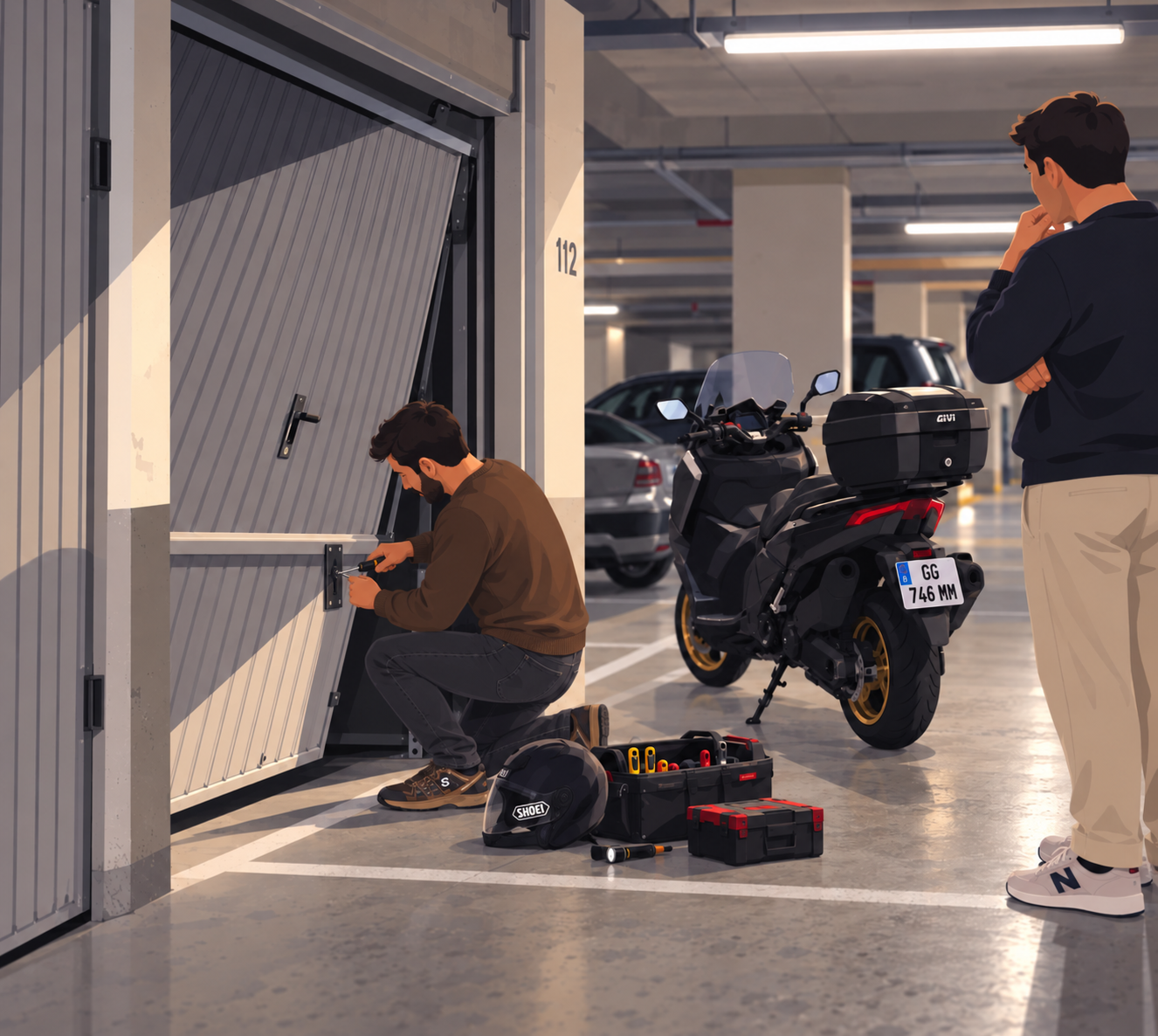 Illustration : un dépanneur répare une porte de local dans un parking, son scooter d'intervention (GG-746 MM) à côté de lui
