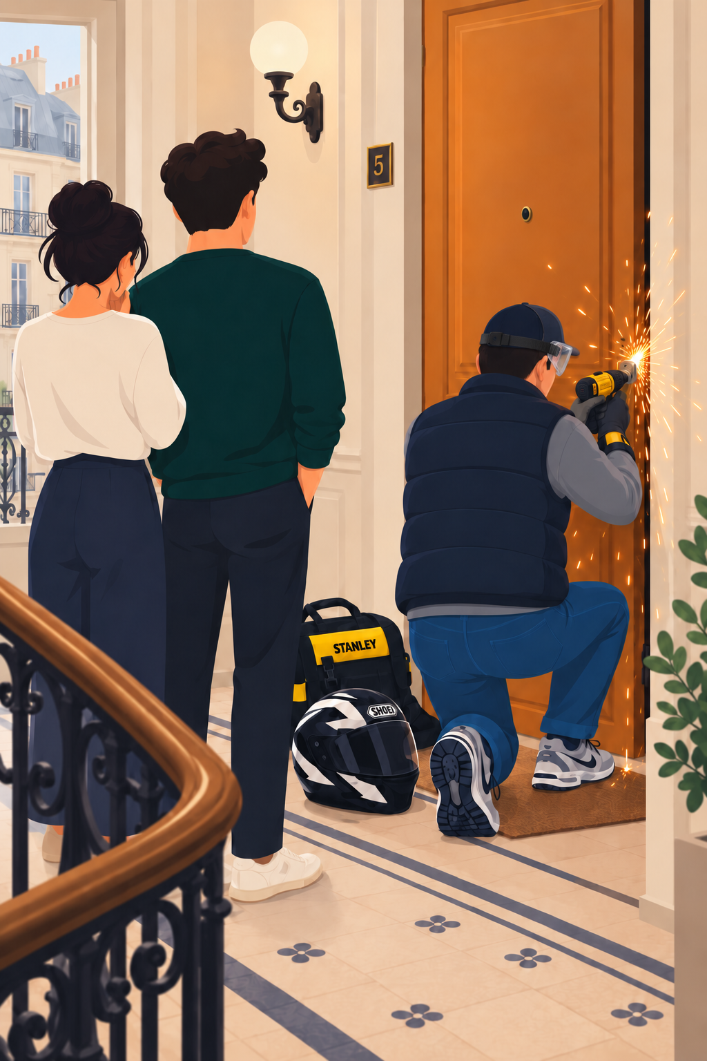 Illustration : un dépanneur perce une serrure de porte d'appartement avec sa perceuse, devant les clients